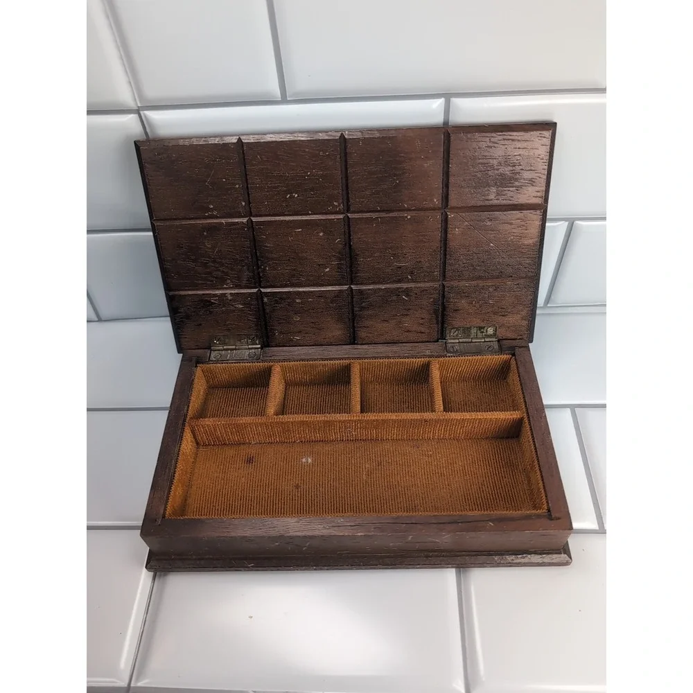 Vintage Wood Jewelry Box Hinged Lid Orange Interior 